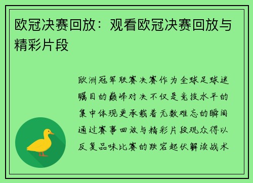欧冠决赛回放：观看欧冠决赛回放与精彩片段